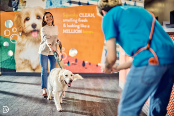 A pet parent brought their dog to Dogtopia and they are greeting the Canine Coach in the lobby.