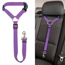 Dog car harness attaches to headrest with adjustable nylon webbing.