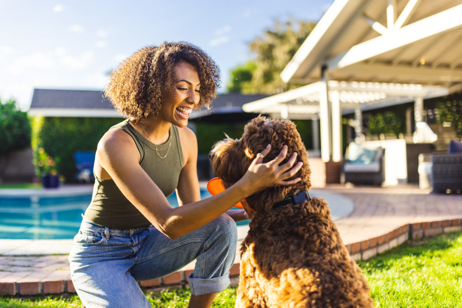 Woman petting dog