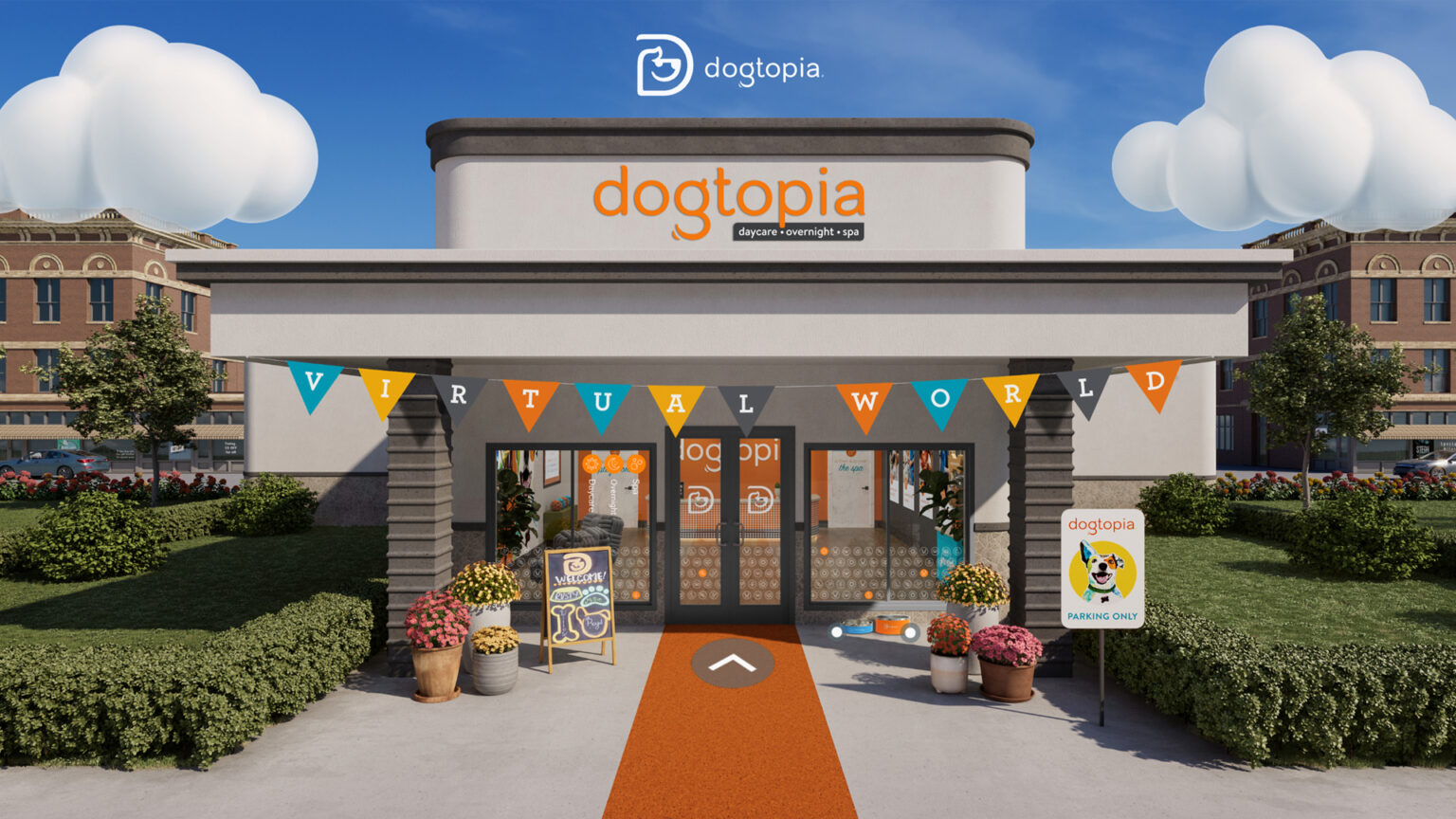 A Dogtopia location in the virtual world with banners hanging from the front reading "virtual world"
