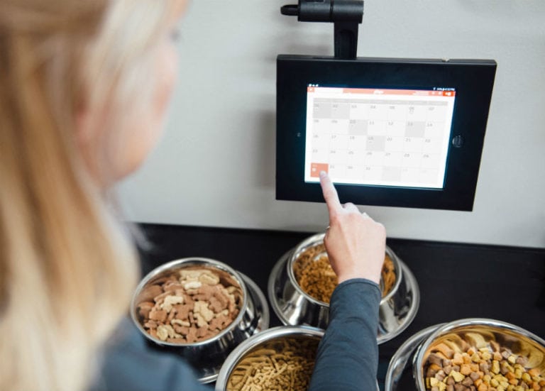 Dogtopia of Ellisville staff member managing the dogs feeding schedule on the screen.
