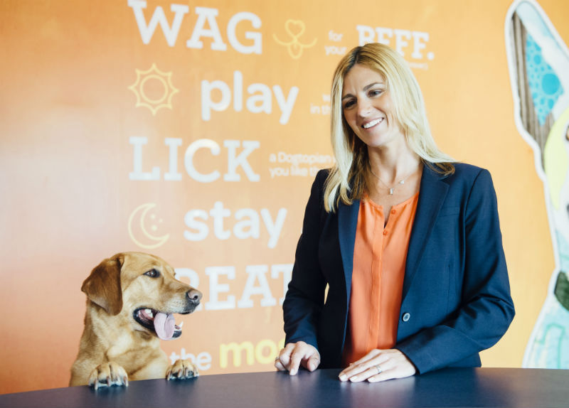Owner dropping-off a dog at Dogtopia of Dallas – Inwood reception desk.