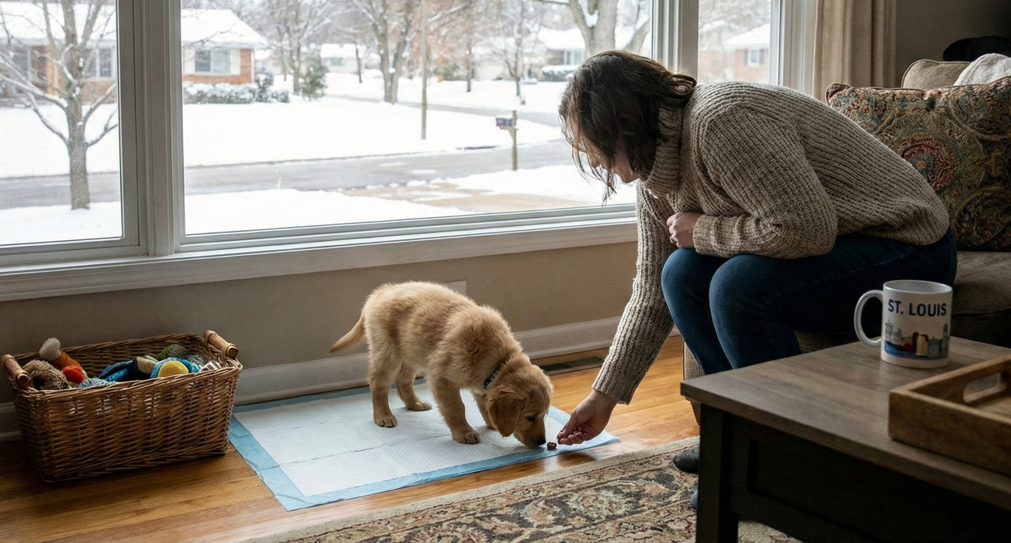 Puppy potty training inside.