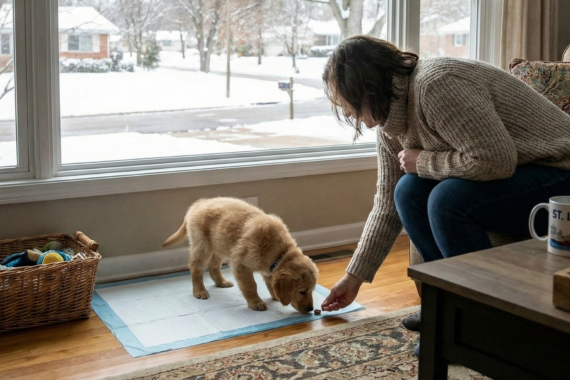 Puppy potty training inside.
