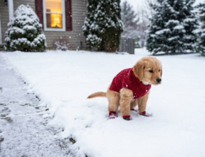 Puppy pottying outside.