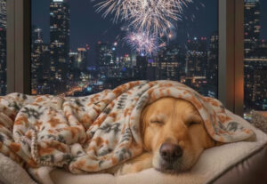 Dog sleeping under a blanket while fireworks go off in the background