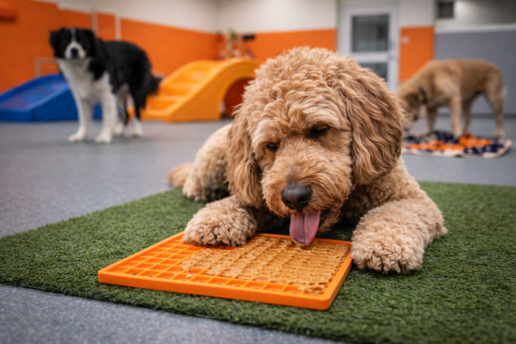 dog daycare wellness enrichment dog using lick mat in structured indoor play environment