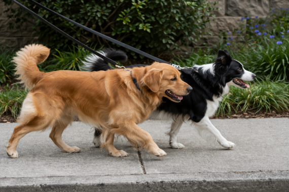 Two dogs walking side by side on leashes in a calm, parallel walk on a sidewalk