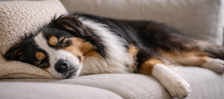 Relaxed Australian Shepherd resting on a couch after a day of play, showing calm and content behavior