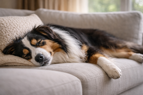 Relaxed Australian Shepherd resting on a couch after a day of play, showing calm and content behavior