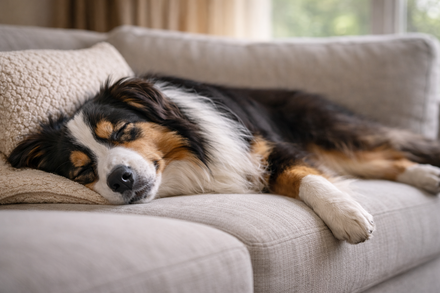 Relaxed Australian Shepherd resting on a couch after a day of play, showing calm and content behavior