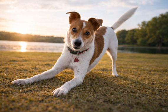 Dog body language example showing a happy dog play bow with relaxed posture and soft expression