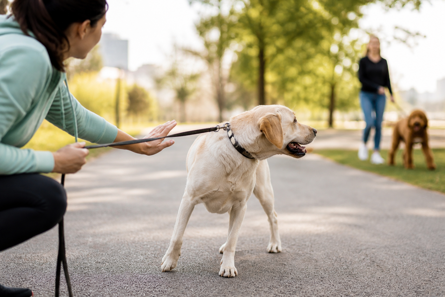 Dog distracted on a walk looking at another dog instead of listening to owner