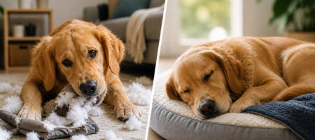 Bored vs tired dog comparison showing a dog chewing a toy on one side and resting calmly on a bed on the other