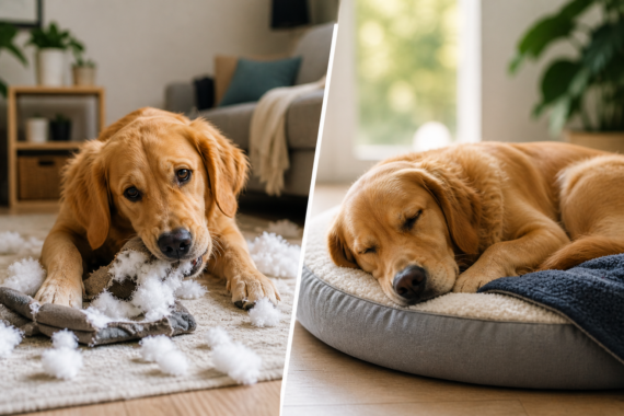 Bored vs tired dog comparison showing a dog chewing a toy on one side and resting calmly on a bed on the other