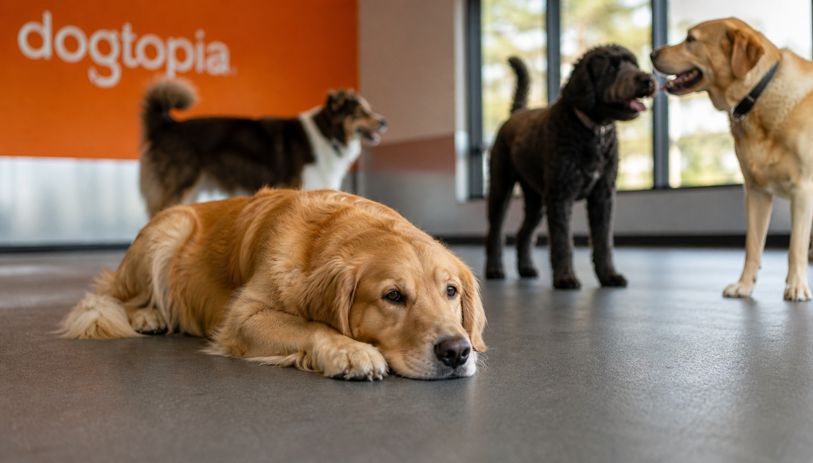 low energy dog resting calmly while other dogs play in daycare