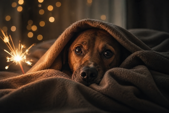 Fireworks safety for dogs: anxious dog wrapped in a blanket during Fourth of July celebrations
