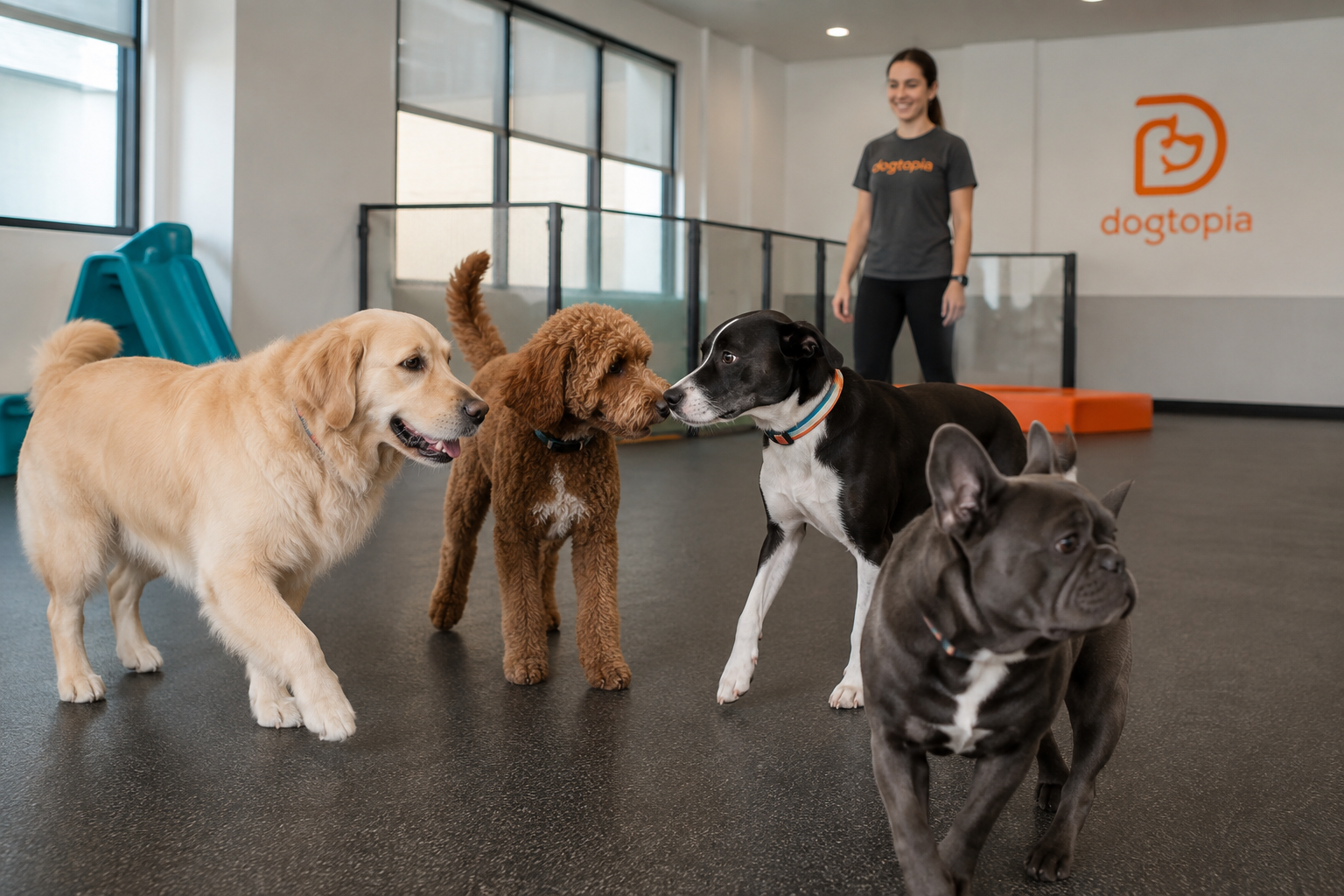 Dogs socializing together in a supervised dog daycare playroom.