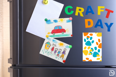 Fridge showing pictures and magnets saying craft day