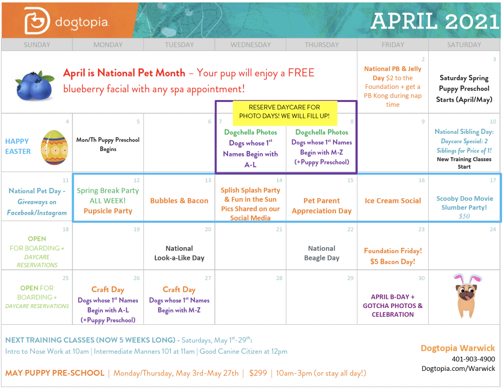 April Events at Dogtopia Warwick