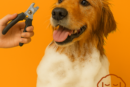 A wet Golden Retriever covered in white soap suds stands against a bright orange background. The dog has its mouth open with its tongue out and looks happy and relaxed. On the left side, a hand holds black and silver pet nail clippers pointed upward. In the bottom right corner, there is a simple orange line drawing of a dog’s face with closed eyes and floppy ears