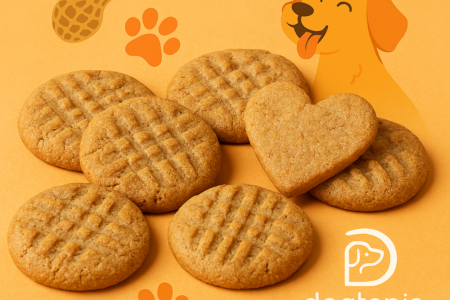 🥜🐾 Peanut Butter Cookies arranged in a circle on a warm orange background, featuring six round cookies with crisscross fork marks and one heart-shaped cookie. Surrounding the cookies are playful illustrations of a smiling cartoon dog, orange paw prints, a peanut shell, and floating hearts, creating a cheerful and pet-friendly vibe.