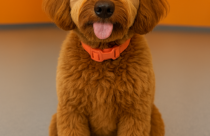 A fluffy, reddish-brown golden doodle dog sits upright on a speckled blue-gray floor inside a brightly lit dog daycare. The dog wears an orange collar and looks directly at the camera with wide, dark eyes and a relaxed expression. In front of the dog is a white tray holding six sushi rolls made with white rice, black seaweed, and visible orange and green vegetable fillings. The background features an orange wall with a white bone-shaped logo and a window revealing another room.