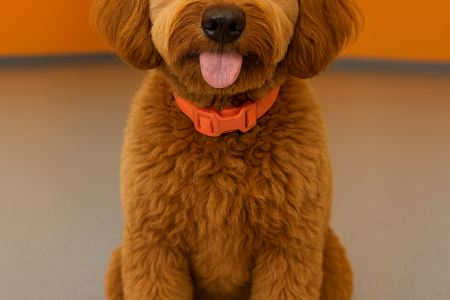 A fluffy, reddish-brown golden doodle dog sits upright on a speckled blue-gray floor inside a brightly lit dog daycare. The dog wears an orange collar and looks directly at the camera with wide, dark eyes and a relaxed expression. In front of the dog is a white tray holding six sushi rolls made with white rice, black seaweed, and visible orange and green vegetable fillings. The background features an orange wall with a white bone-shaped logo and a window revealing another room.