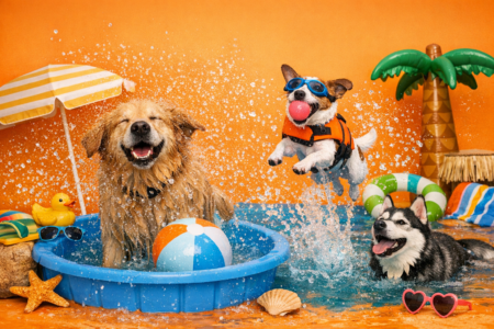 Three dogs enjoy a playful pool party against a bright orange background. A golden retriever shakes off water in a blue kiddie pool beside a colorful beach ball. A Jack Russell Terrier wearing blue goggles and an orange life jacket leaps mid‑air to catch a pink ball. A black and white husky lounges in the water nearby. Around them are summer props — a yellow duck, striped umbrella, inflatable palm tree, and beach toys — creating a cheerful, sunny scene full of splashes and smiles.