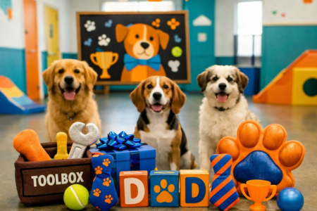 Three happy dogs—a Golden Retriever, a Beagle, and a fluffy white‑and‑brown mixed breed—sit inside a colorful Dogtopia playroom decorated for a Father’s Day pup party. In front of them are bright orange and blue props, including a plush toolbox with toy tools, a blue gift box with a bow, a striped ball, and wooden blocks spelling “DAD” with a paw‑print “A.” Blue and orange paw balloons, ties, and banners hang above, and a chalkboard with a cartoon dog and trophies adds to the festive, playful atmosphere.