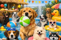 A lively outdoor pool party scene at a dog daycare shows several dogs enjoying the water under bright sunshine. In the foreground, a golden retriever leaps out of the pool holding a green and white beach ball, while a beagle wearing blue goggles rests its paws on the pool’s edge. A fluffy white Pomeranian smiles from a pink inflatable ring, and a Siberian husky wearing an orange life jacket swims nearby. Behind them, a corgi floats on a yellow raft, a Labrador in yellow sunglasses stands on the deck, and other dogs splash and play. Colorful beach balls, a tiki hut, palm trees, and strings of pennant flags decorate the background, creating a cheerful summer atmosphere.