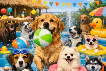 A lively outdoor pool party scene at a dog daycare shows several dogs enjoying the water under bright sunshine. In the foreground, a golden retriever leaps out of the pool holding a green and white beach ball, while a beagle wearing blue goggles rests its paws on the pool’s edge. A fluffy white Pomeranian smiles from a pink inflatable ring, and a Siberian husky wearing an orange life jacket swims nearby. Behind them, a corgi floats on a yellow raft, a Labrador in yellow sunglasses stands on the deck, and other dogs splash and play. Colorful beach balls, a tiki hut, palm trees, and strings of pennant flags decorate the background, creating a cheerful summer atmosphere.