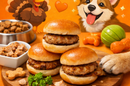 Three turkey sliders stacked on a wooden cutting board with a golden retriever’s paw reaching for one. A bright orange background features a smiling cartoon turkey in a pilgrim hat and a happy cartoon dog surrounded by hearts, paw prints, and dog toys. A bowl of kibble, a heart‑shaped dish of turkey pieces, and parsley garnish complete the playful, pet‑themed scene