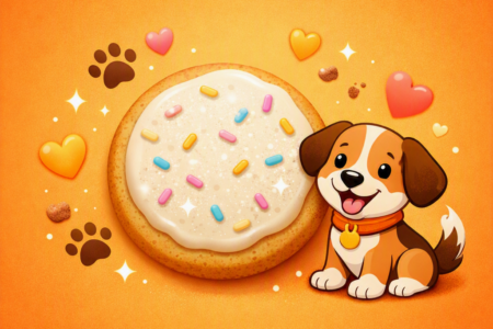 A cheerful cartoon dog sits beside a large frosted sugar cookie on a bright orange background. The cookie is round with white frosting and pastel sprinkles, surrounded by small paw prints, hearts, sparkles, and cookie crumbs. The dog has floppy brown ears, a tan and white coat, and a happy expression with its tongue out.