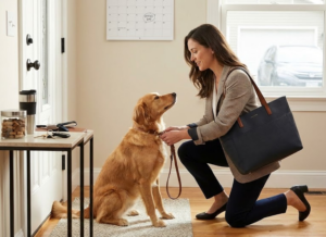 Mom petting dog before leaving for work