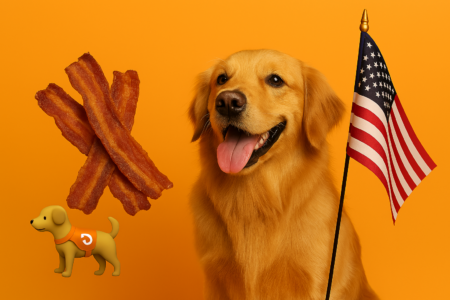🐾🥓 Support Veterans Golden Retreiver smiling with three strips of bacon and an American flag
