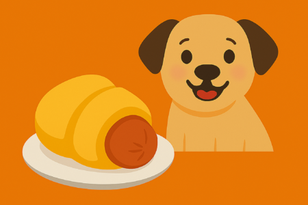 A playful cartoon-style illustration shows a smiling tan dog with floppy brown ears next to a white plate holding a 🐷🥐 Pigs in a Blanket snack. The snack features a reddish-brown sausage wrapped in golden crescent dough, with the end of the sausage exposed. Above the plate floats a pink pig face emoji with a round snout and small ears. The background is solid orange, creating a warm and cheerful vibe.