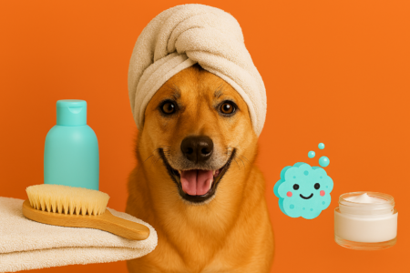 Golden-brown dog with a towel wrapped around its head, smiling against a bright orange background. Spa items including a turquoise bottle, wooden brush, folded towel, cheerful bath sponge emoji, and a small jar of cream are arranged on either side of the dog.