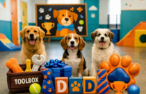 Three happy dogs—a Golden Retriever, a Beagle, and a fluffy white‑and‑brown mixed breed—sit inside a colorful Dogtopia playroom decorated for a Father’s Day pup party. In front of them are bright orange and blue props, including a plush toolbox with toy tools, a blue gift box with a bow, a striped ball, and wooden blocks spelling “DAD” with a paw‑print “A.” Blue and orange paw balloons, ties, and banners hang above, and a chalkboard with a cartoon dog and trophies adds to the festive, playful atmosphere.